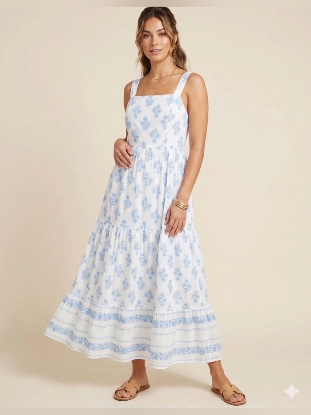 Haute Hippie White Blue Floral Maxi Dress Cottagecore